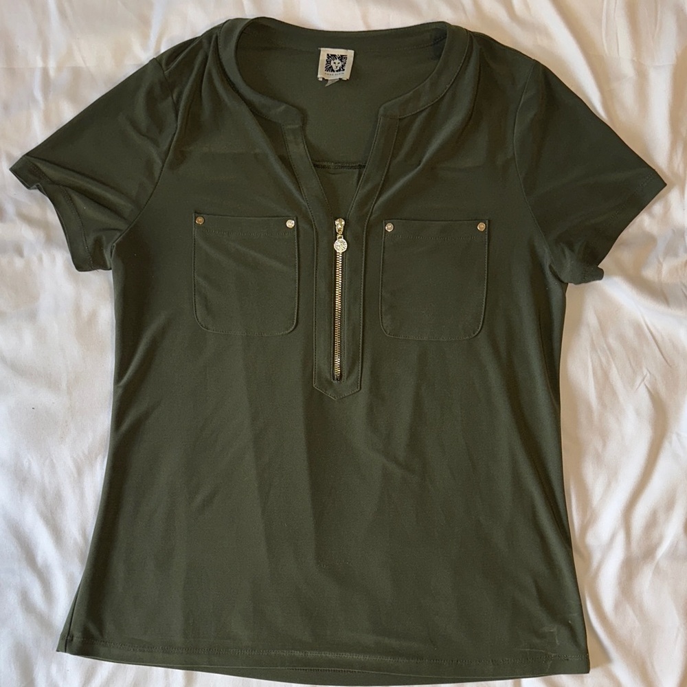 Anne Klein Dark Green Short Sleeve Top with Zipper